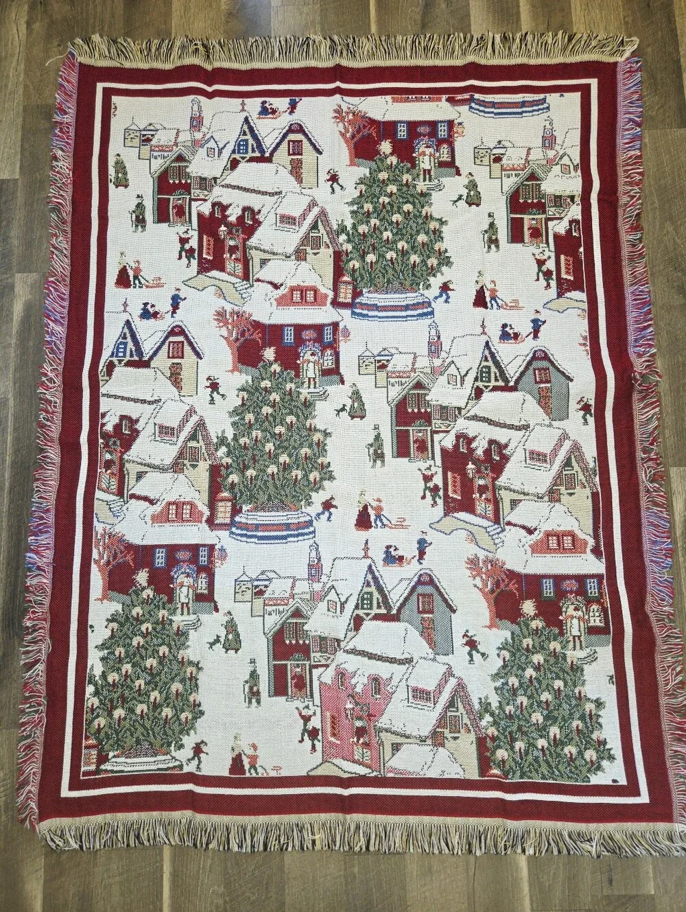 Vintage Christmas Village Woven Tapestry Throw Blanket Afghan Fringe 60x43